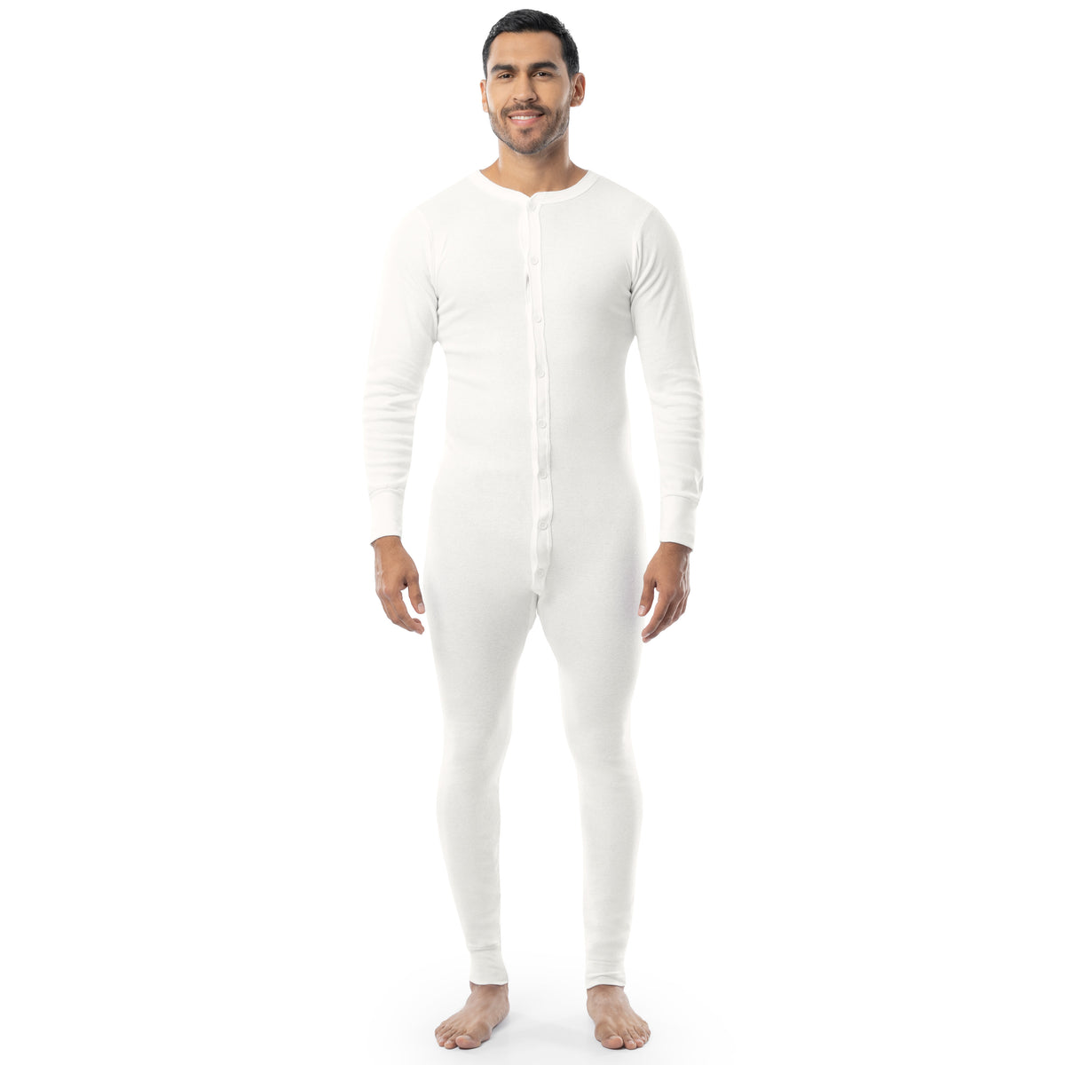 A man wearing a white rib knit union suit with long sleeves, a crew neck, and vertical button front.
